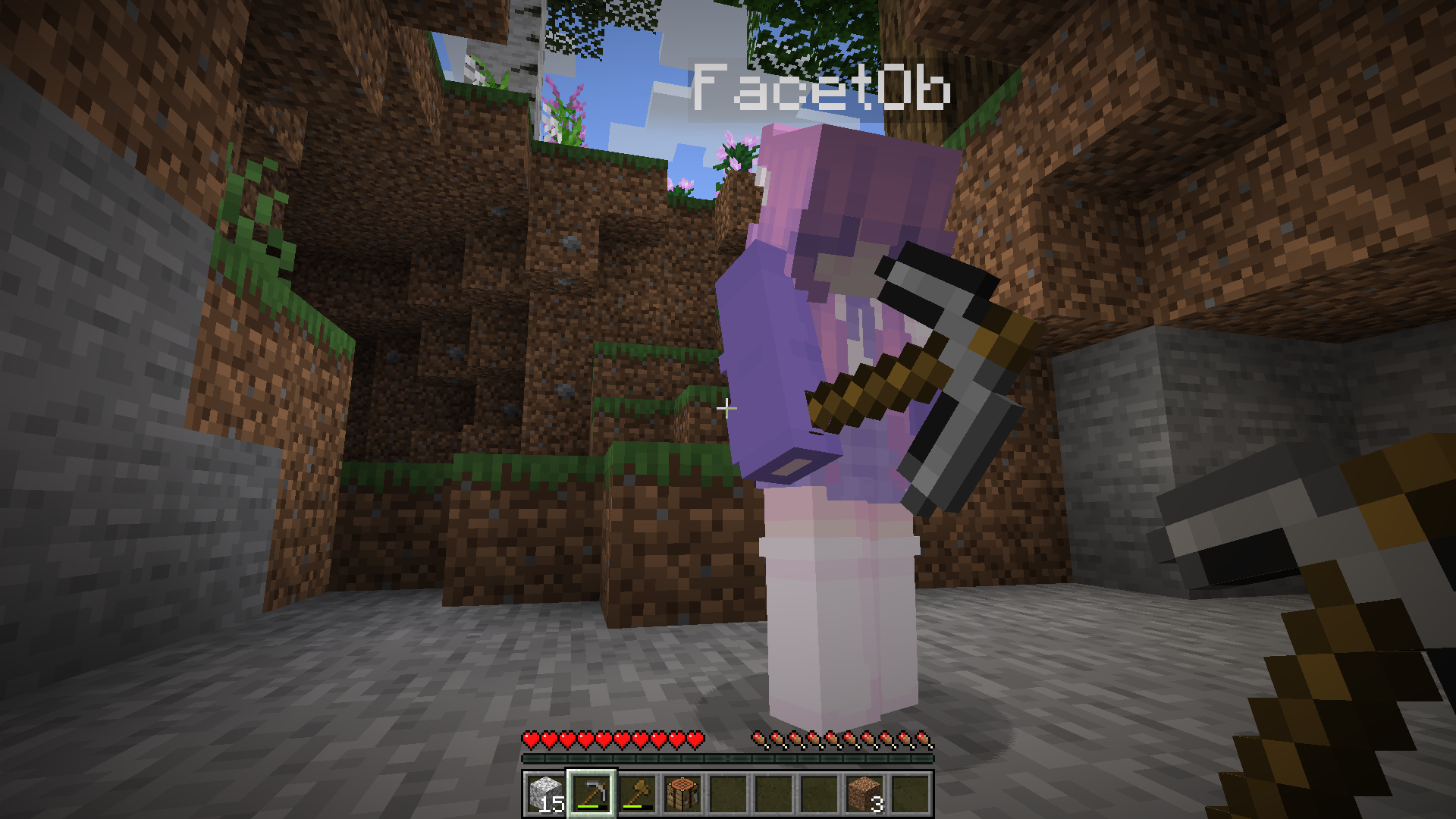 Minecraft‐Spielerin „FacetOb“ steht in einer winzigen Höhle nahe der Erdoberfläche und hält eine Steinspitzhacke in der Hand. Sie hat fliederfarbene Haare, die ihr weit ins Gesicht hängen, und trägt ein lockeres, weiß‐violettes Oberteil mit langen Ärmeln sowie weiße Kniestrümpfe.